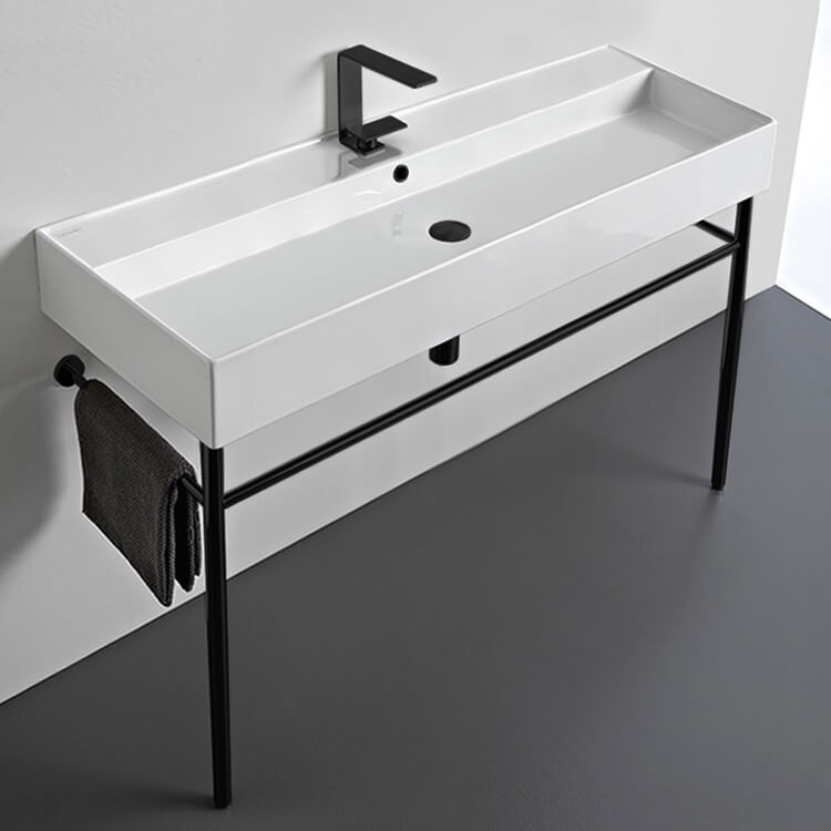 Scarabeo 8031/R-120A-CON-BLK-One Hole Large Ceramic Console Sink and Matte Black Stand